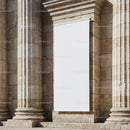 Blank vertical banner hanging on ancient stone columns