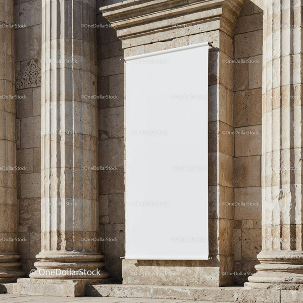 Blank vertical banner hanging on ancient stone columns JPG Mockup Image