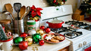 Cozy kitchen counter filled with festive holiday decorations