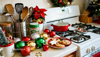 Cozy kitchen counter filled with festive holiday decorations