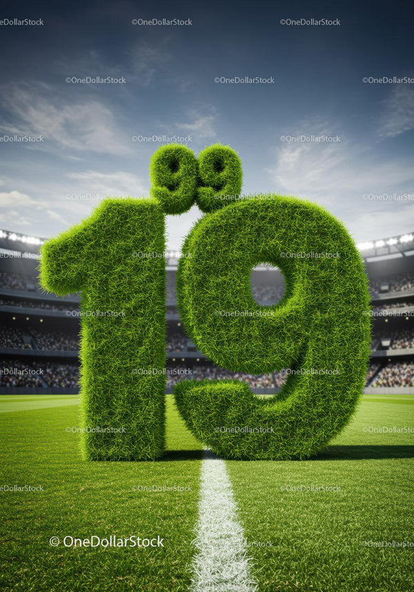 Large Grass Number 19 on Soccer Field with Stadium