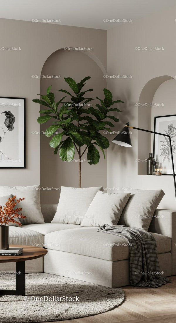 Minimalist living room with cozy neutral sofa and greenery