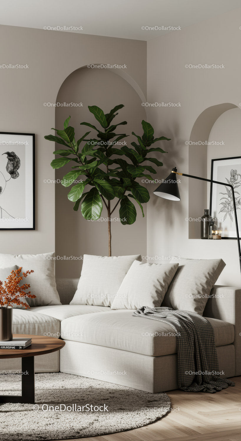 Minimalistyczny salon z przytulną, neutralną sofą i zielenią