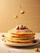 Stack of fluffy pancakes topped with hazelnuts and powdered sugar