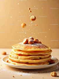 Stack of fluffy pancakes topped with hazelnuts and powdered sugar