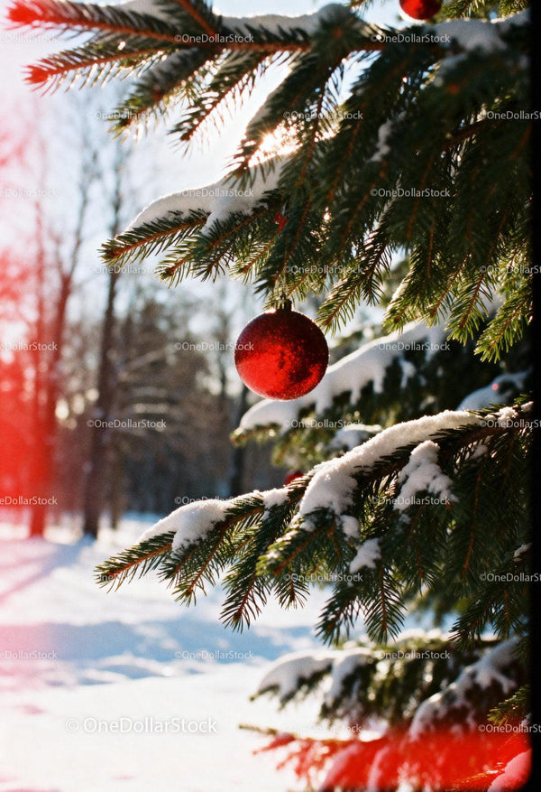 Red Christmas Ornament Hanging on Snowy Pine Branch