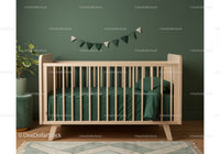 Modern Green Nursery with Wooden Crib and Houseplant