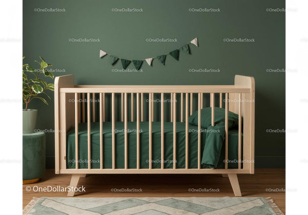 Modern Green Nursery with Wooden Crib and Houseplant