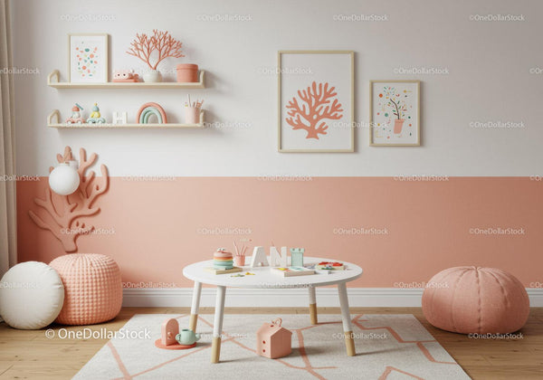 Children's Playroom with Pink Coral Reef Wall Art and Cozy Decor
