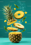 Fresh pineapple slices levitating over turquoise background