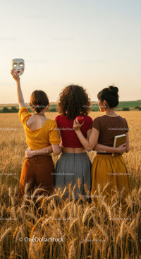 Women in Wheat Field Holding Apple and Mask During Sunset