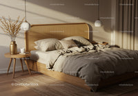 Cozy bedroom with warm natural light and wooden accents