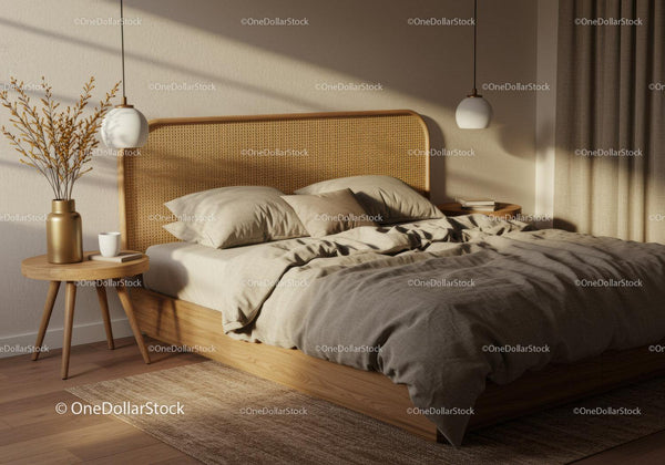 Cozy bedroom with warm natural light and wooden accents