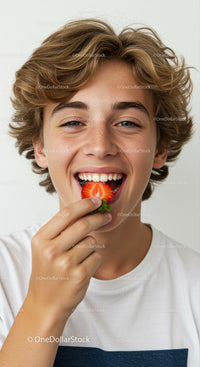 Smiling Boy Enjoying Fresh Strawberry in Bright Casual Scene