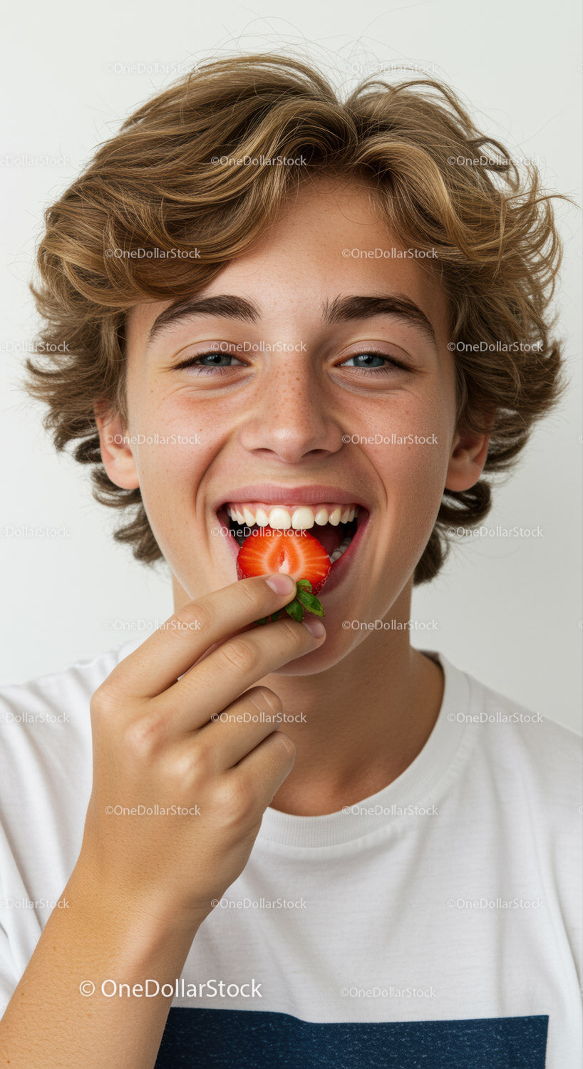 Smiling Boy Enjoying Fresh Strawberry in Bright Casual Scene