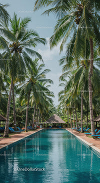 Tropical Resort Pool Surrounded by Palm Trees and Sunlit Sky