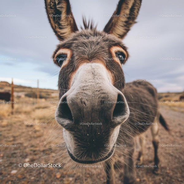 Close-Up of Donkey Face in Rural Scenic Landscape