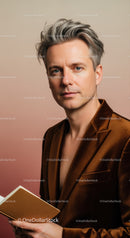 Stylish Man with Silver Hair in Brown Blazer Holding Notebook