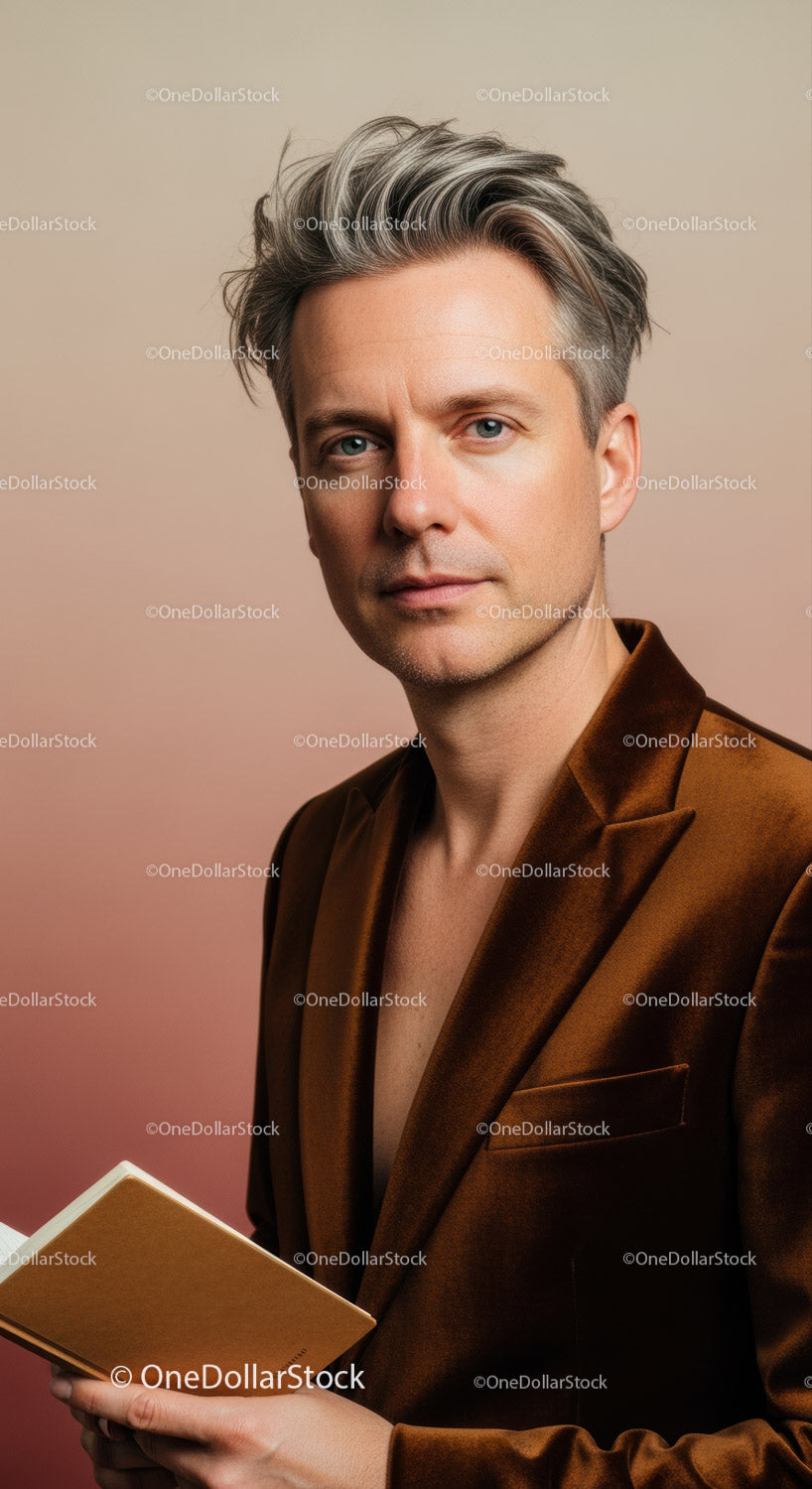 Stylish Man with Silver Hair in Brown Blazer Holding Notebook