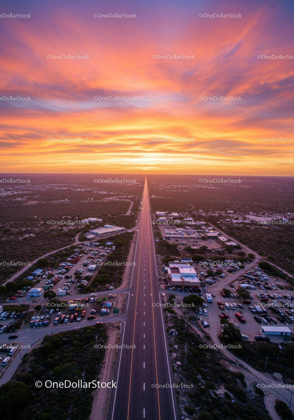 Colorful Sunset Over Long Rural Road with Cars and Buildings
