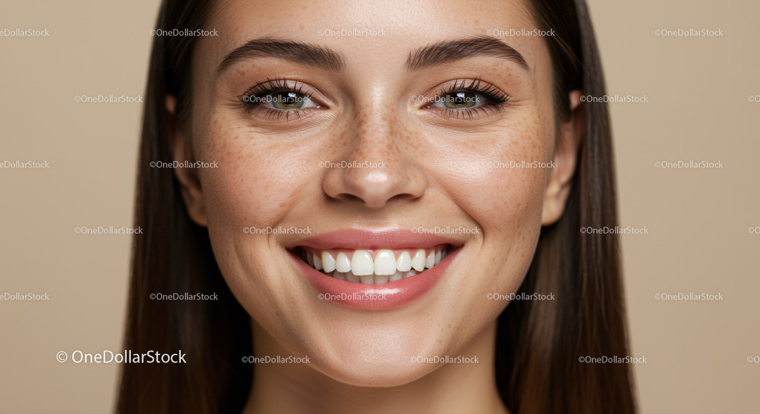 Closeup Portrait of Smiling Woman with Freckles