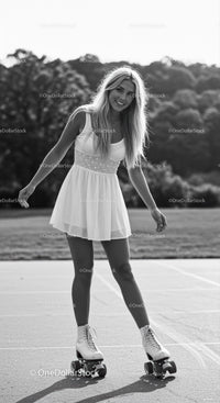 Young woman roller skating outdoors in white dress