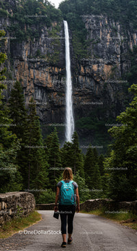 Majestic Waterfall Surges Down Forest Cliffs with Hiker Walking