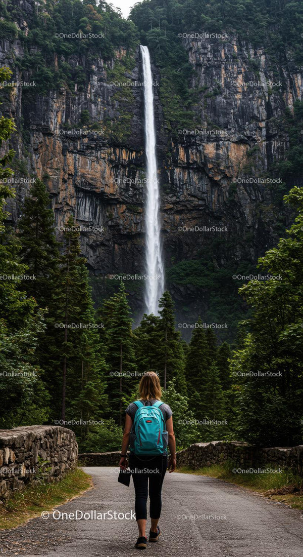 Majestic Waterfall Surges Down Forest Cliffs with Hiker Walking