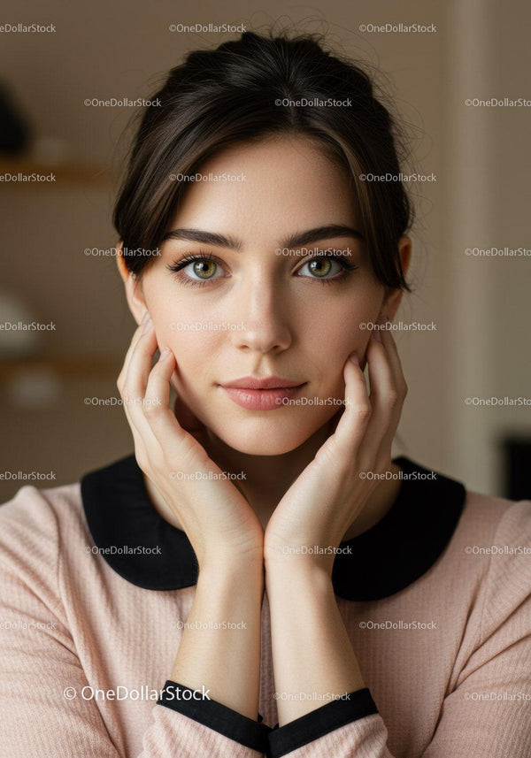 Portrait of a Beautiful Woman with Green Eyes and Natural Makeup