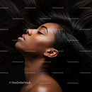 Peaceful woman with flowing dark hair and closed eyes