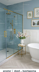 Modern bathroom with brass shower and floral decor