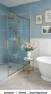 Modern bathroom with brass shower and floral decor