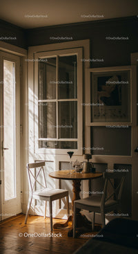 Cozy Interior with Sunlit Window and Wooden Table