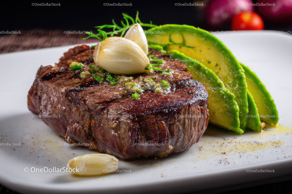 Juicy Grilled Steak with Fresh Avocado Slices and Garlic Cloves