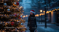 Woman in Santa Hat Walking Near Snowy Christmas Tree Lights