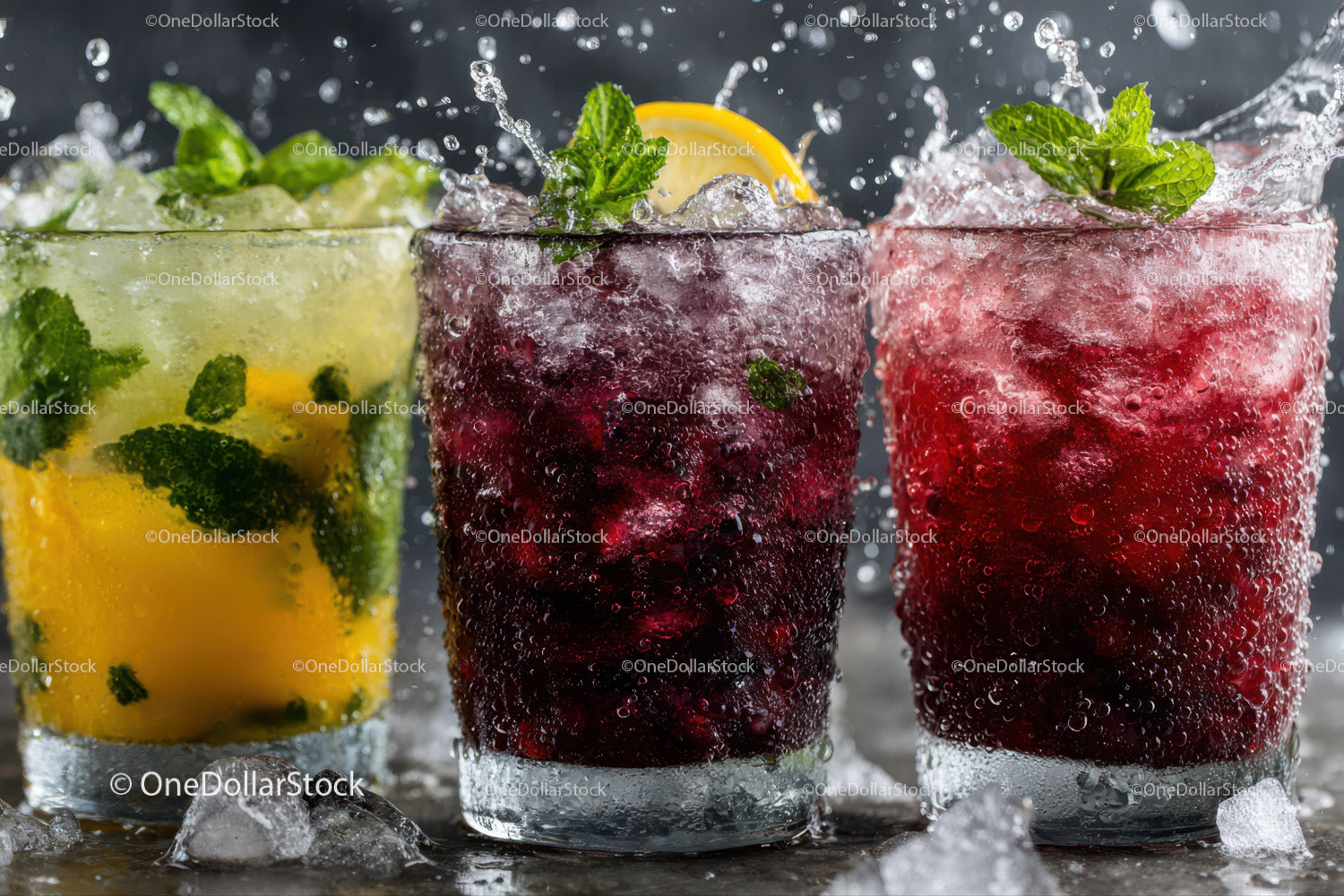 Fresh Fruit Cocktails with Mint and Ice in Colorful Glasses