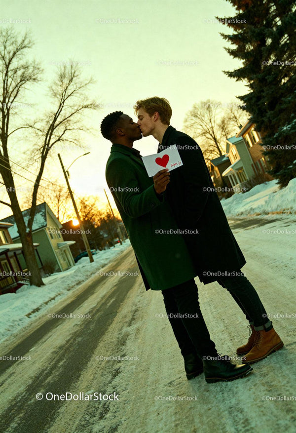 Couple sharing a tender kiss with Valentine's card outdoors