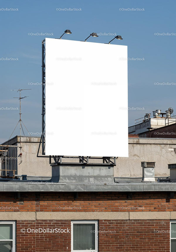 Blank billboard on rooftop against clear blue sky JPG Mockup Image