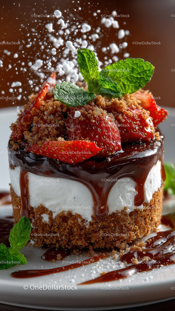 Strawberry Cheesecake with Chocolate Sauce and Mint Garnish