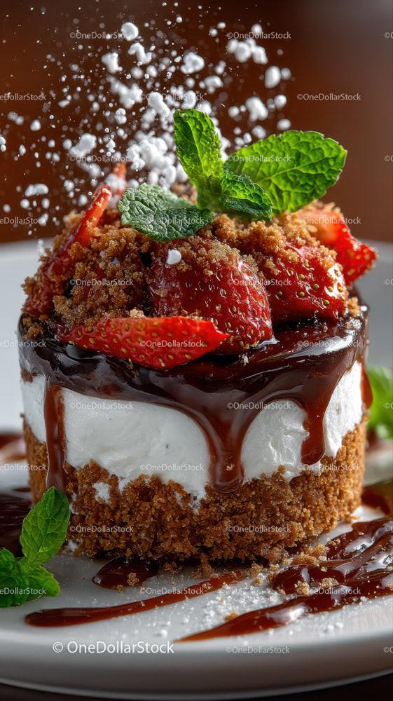 Strawberry Cheesecake with Chocolate Sauce and Mint Garnish