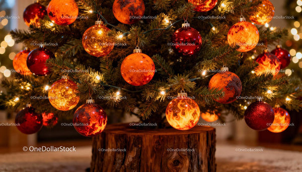 Christmas tree decorated with fiery red and orange baubles