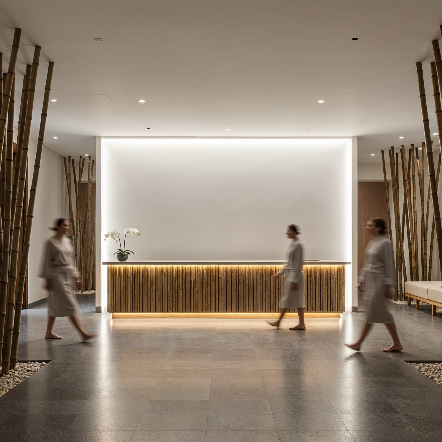 Women in robes walking past modern spa reception desk