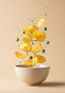 Crisp potato chips and green peas falling into bowl