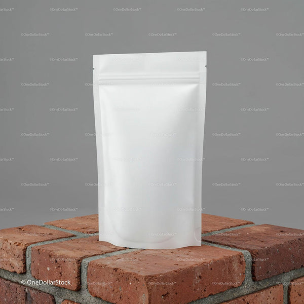 Blank White Stand-Up Pouch on Rustic Brick Surface JPG Mockup Image