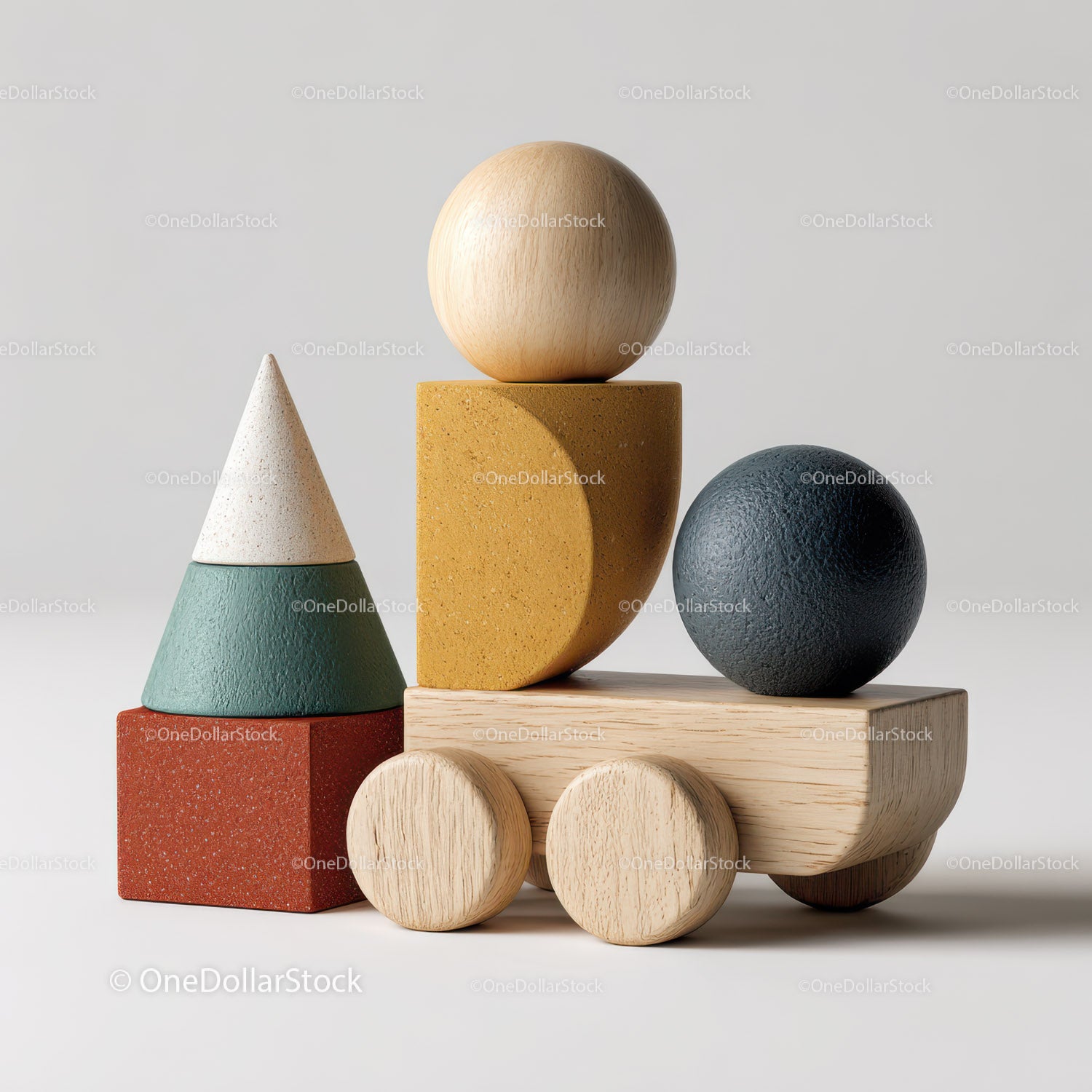 Set of Wooden Geometric Toys Including Rainbow and Shapes for Kids