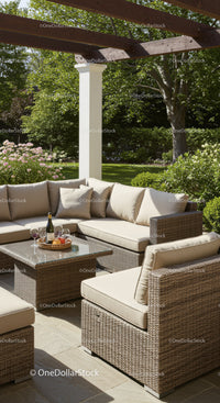 Elegant Outdoor Patio with Wicker Lounge Furniture and Lush Garden Setup