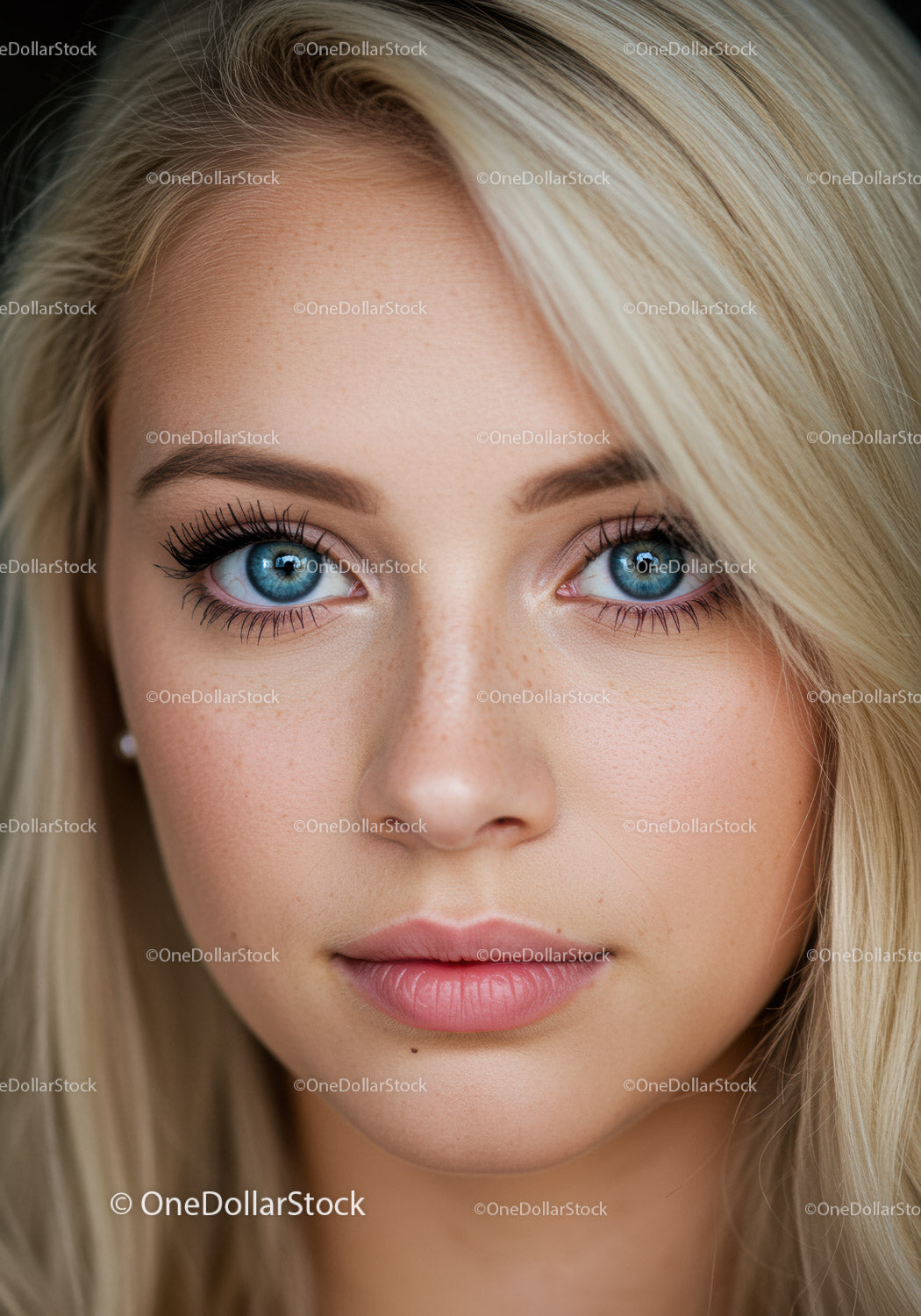 Close up portrait of young woman with blue eyes and blonde hair