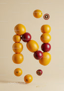 Creative fruit arrangement forming the letter N on beige