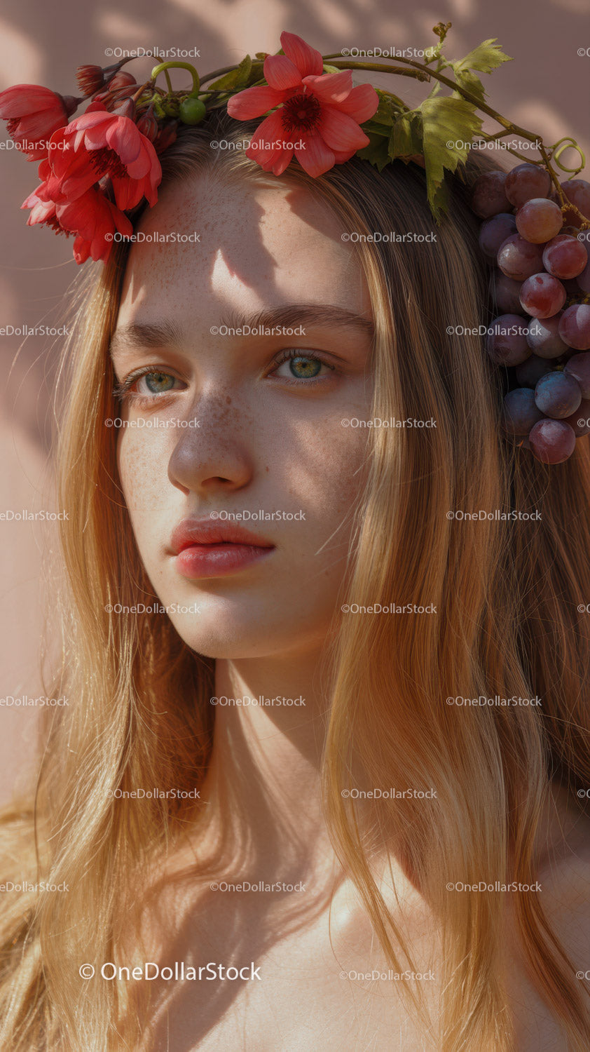Young Woman with Red Floral Crown and Purple Grapes Outdoor Portrait
