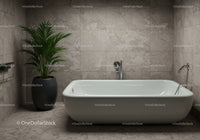 Modern beige tile bathroom with white freestanding bathtub and indoor plant